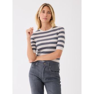 Majestic Filatures Merino Superfine Rib Knit Stripe Crewneck in Milk/gris Chine at Nordstrom, Size 4