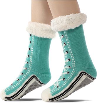 Generic Ultra-Thick Cute Slipper Home Socks, Ultra-Thick Cashmere Slipper Home Socks Womens Winter Christmas Sock With Grippers (Lake Blue)