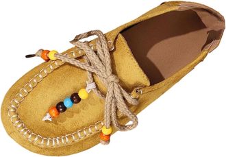 Generic Flat Shoes for Women Wide Fit Casual Walking Shoe Faux Suede Stylish Ethnic Style Comfortable Breathable Lace Up Shoes Work Leisure Yellow