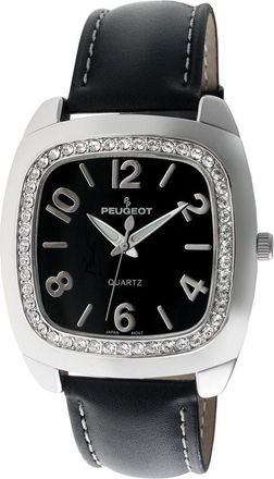 Peugeot Boyfriend Crystal Bezel Leather Watch- 40MM in Black at Nordstrom