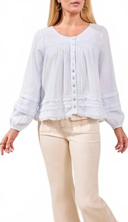 Tribal Crinkle Gauze Button-Front Balloon Sleeve Frayed Hem Blouse In Saltwater