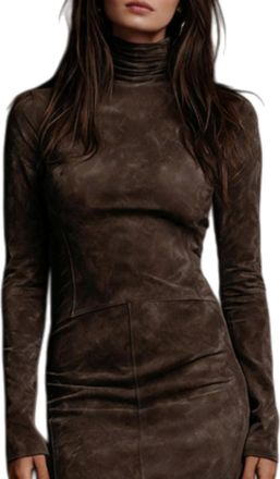 Generic Womens Vintage Suede Midi Dress Turtleneck Long Sleeve Bodycon Dresses, Sexy Ruched Slim Waist Midi Dresses (Coffee,XL)