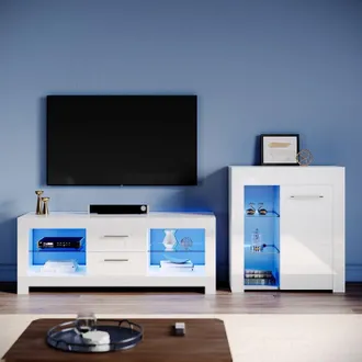 Elegant Lighting Living Room Set Modern High Gloss Fronts with led Light, 1300mm tv Stand, Display Cabinet with Glass Shelf Sideboard Cupboard, White - Elegant