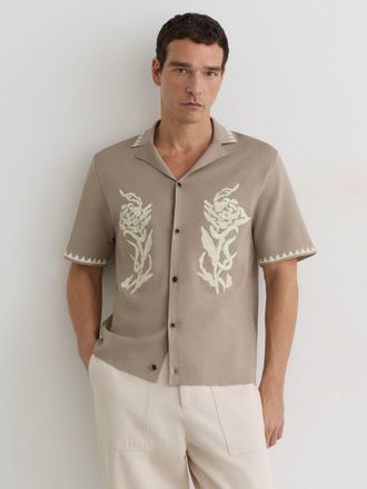 Reiss Champagne Floral-embroidered Knitted Shirt, Xxl