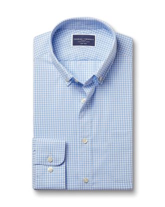 CHARLES TYRWHITT Non-Iron Stretch Poplin Check Cotton Shirt - Cornflower Blue Size XXL by Charles Tyrwhitt