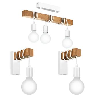 Loops Ceiling Spot Light & 2x Matching Wall Lights White & Wood Trendy Hanging Lamp