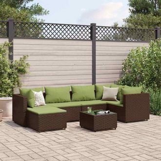vidaXL Set Muebles De Jard&iacute;n 7 Piezas Y Cojines Rat&aacute;n Sint&eacute;tico Marr&oacute;n Vidaxl