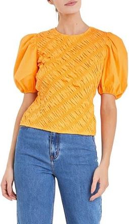 English Factory Asymmetric Shirred Puff Sleeve Top in Orange at Nordstrom Rack, Size X-Small