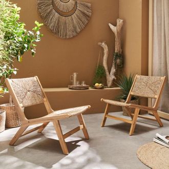 Sweeek Sweeek - Set di 2 poltrone da giardino, legno, resina effetto paglia
