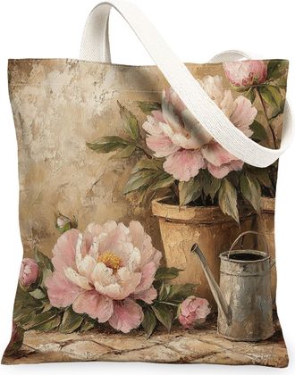 Generic Spring Farmhouse Peony Canvas Tote Bag for Shopping 13x15, Rustic Vintage Floral Reusable Grocery Print Pattern Bag for Women, Country Flower Beach Ae