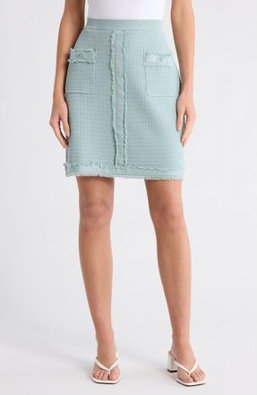 Adrianna Papell Fringe Trim Tweed Miniskirt in Dusty Seamist at Nordstrom Rack, Size X-Small