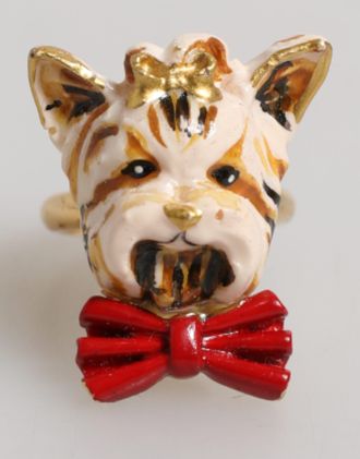 Dolce & Gabbana Gold Brass Resin Beige Dog Pet Accessory Womens Ring