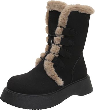 Generic Ladies Snow Boots Ladies Black Boots Womens Winter Tie Down Mid Tube Booties High Plus Velvet Thickened Warm Casual Fashion Versatile Thick Edged Cott