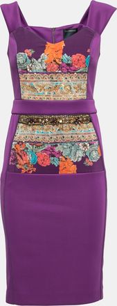 Roberto Cavalli Purple Jersey Floral Applique Beaded Bodycon Dress