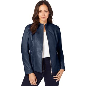 Jessica London Zip Front Leather Jacket in Navy at Nordstrom, Size 30