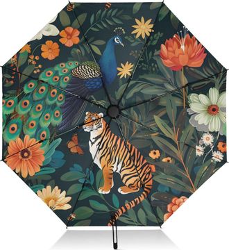 Alaza Umbrellas for Rain Sun Outdoor, Automatic Folding Umbrella Windproof Strong, Large Anti-UV Compact Umbrella Black Outside Peacock and Tiger Travel Umb