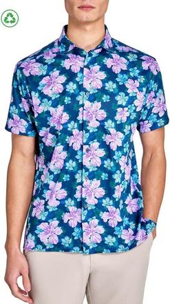 ConStruct Regular Fit Layered Hibiscus Recycled Performance Golf Button-Down Shirt in Navy/purple at Nordstrom, Size Xxx-Large
