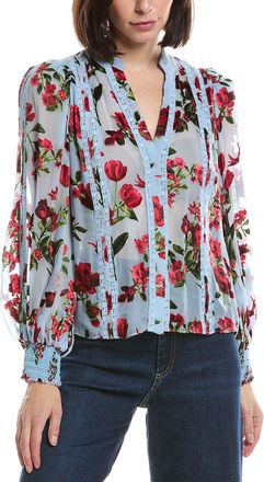 Alice & Olivia Alice + Olivia Arlette Collared Blouson Sleeve Silk-Blend Blouse