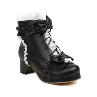 Generic Womens Lolita Ankle Boots with Lace-Up Design & Bow Detail - Chunky Heel for Cute Fashion and Comfortable,Black,5.5 UK