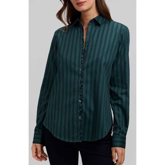 Foxcroft Charlie Stripe Animal Print Trim Cotton Button-Up Shirt in Deep Teal Green/black at Nordstrom, Size 10