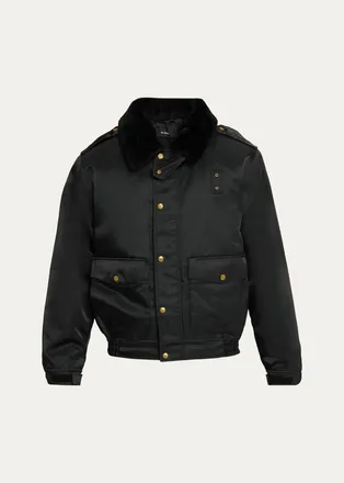 Willy Chavarria Faux-Fur Collar Shiny Nylon Uniform Bomber Jacket