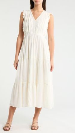 Lucky Brand Lace Detail Tiered Cotton Midi Dress in Whisper White at Nordstrom, Size Xx-Large