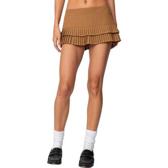 Edikted Double Pleated Low Rise Miniskort in Brown at Nordstrom, Size Small