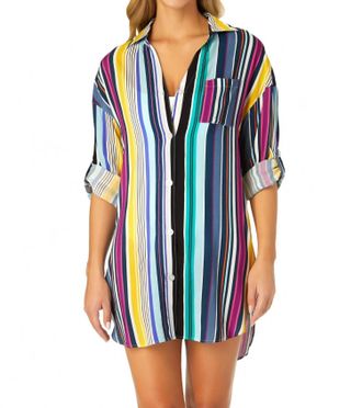 Anne Cole Womens Barcode Stripe Button Down Shirt Swimsuit Cover Up In Multi