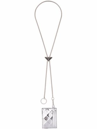 Prada triangle-panel lanyard credit card holder - men - Leather - One Size - Grey