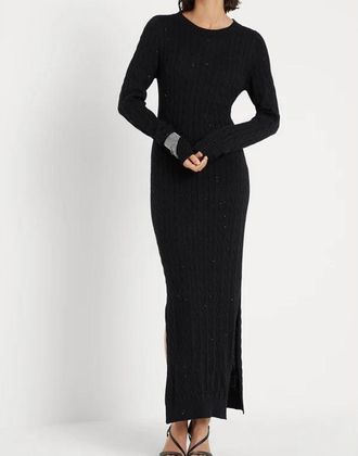 Brunello Cucinelli Black Cotton Cable Knit Maxi Dress, Size X-Large