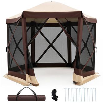 Costway Costway Foldable Gazebo w/6 Net Sides & Zipped Door 6-Sided Garden Pavilion in Brown