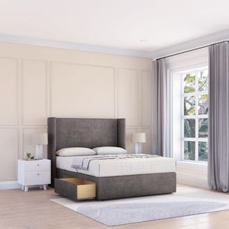 Sloomy Devonshire Naples Wingback Bed Set, 2 Drawers & 54 Floor Standing Headboard in Dark Grey | Size: Small Double
