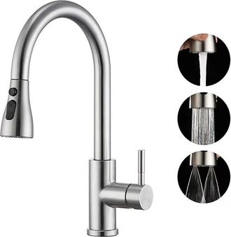 OEM Grifo De Cocina De Acero Inoxidable Con Alfombrilla De Ducha Extensible, Cabezal De Ducha Giratorio De 360&deg;, Acabado En Plata Cepillada, 3 Modos De Aj
