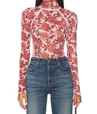 Free People Lyric Lace Mock Neck Top In Pink Combo