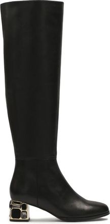 Kazar Zwarte laarzen met versierde hak - Dames - Laarzen met Hak - Zwart - 40 EU - Leer - Schoenen