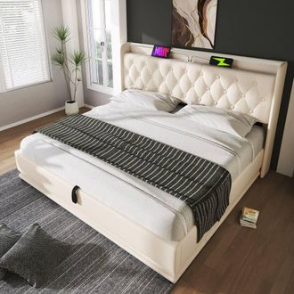 Merax 360 LED Upholstered Bed Frame With Hydraulic Storage & Charging in Beige | Size: Double