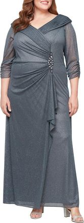 Alex Evenings Glitter Ruched Ruffle Gown in Smoke at Nordstrom, Size 14W
