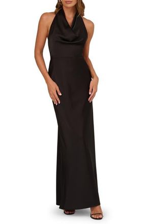 Adrianna Papell Cowl Neck Open Back Satin Gown in Black at Nordstrom, Size 14