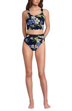 Lands End Tugless Tankini Top and High Waisted Bottom Swimsuit Set in Deep Sea/blue Floral Tropic at Nordstrom, Size X-Large