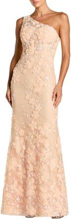 Mac Duggal One Shoulder Floral Embroidered Column Gown in Peach at Nordstrom, Size 16