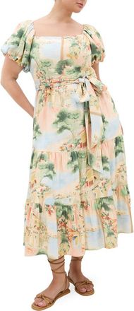 City Chic Laurena Floral Puff Sleeve Tie Belt Sundress in Sardinia at Nordstrom, Size Xxxs