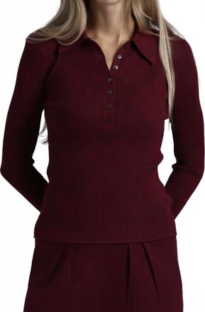 Minnie Rose Ribbed Collared Henley Top In Bordeaux
