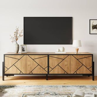 Merax Rustic Oak Effect TV Lowboard with 4 Doors & Black Metal Frame in Light Oak