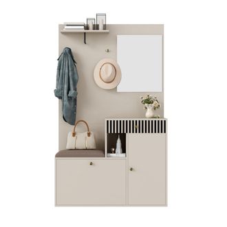 STILVORA Mueble De Entrada Con Espejo, 2 Puertas, 1 Caj&oacute;n Y Estantes Ajustables, Asiento Acolchado, En Mdf, 110&times;37&times;185,5 Cm, Beige