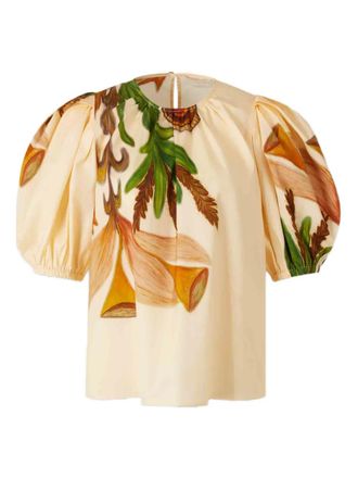 Ulla Johnson Las Olas puffed-sleeve botanical-print top - women - Cotton - 12 - Neutrals