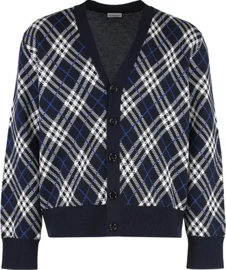 Burberry Mens Wool Cardigan With Vintage Check Print Blue Cardigans Sweater