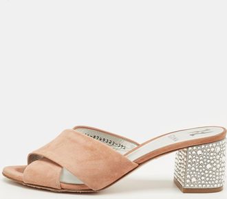 Gina Beige Suede Cross Strap Crystal Embellished Block Heel Slide Sandals