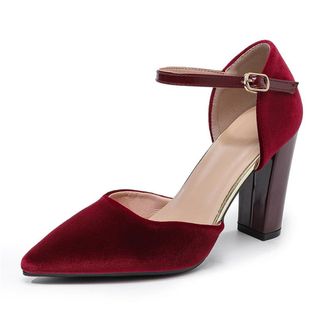 Generic Womens Dress Velvet Ankle Strap High Block Heels Closed Pointed Toe Pumps for Bridal Wedding Evening and Party (Wine Red,7.5)