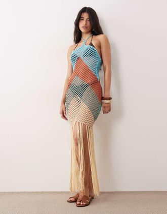 KAIIA Esclusiva Kaiia - Vestito lungo premium allacciato al collo multicolore con nappe alluncinetto