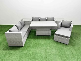 Fimous 7 PCs Rising Dining Table Set Rattan Furniture Set with 3 Seater Sofa in Light Grey